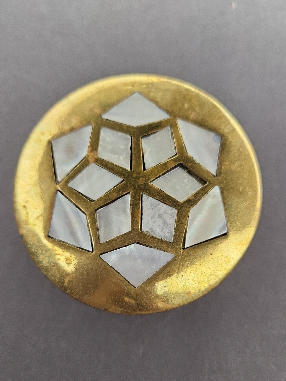Brass Round Trinket Box with Mother of Pearl Inlay